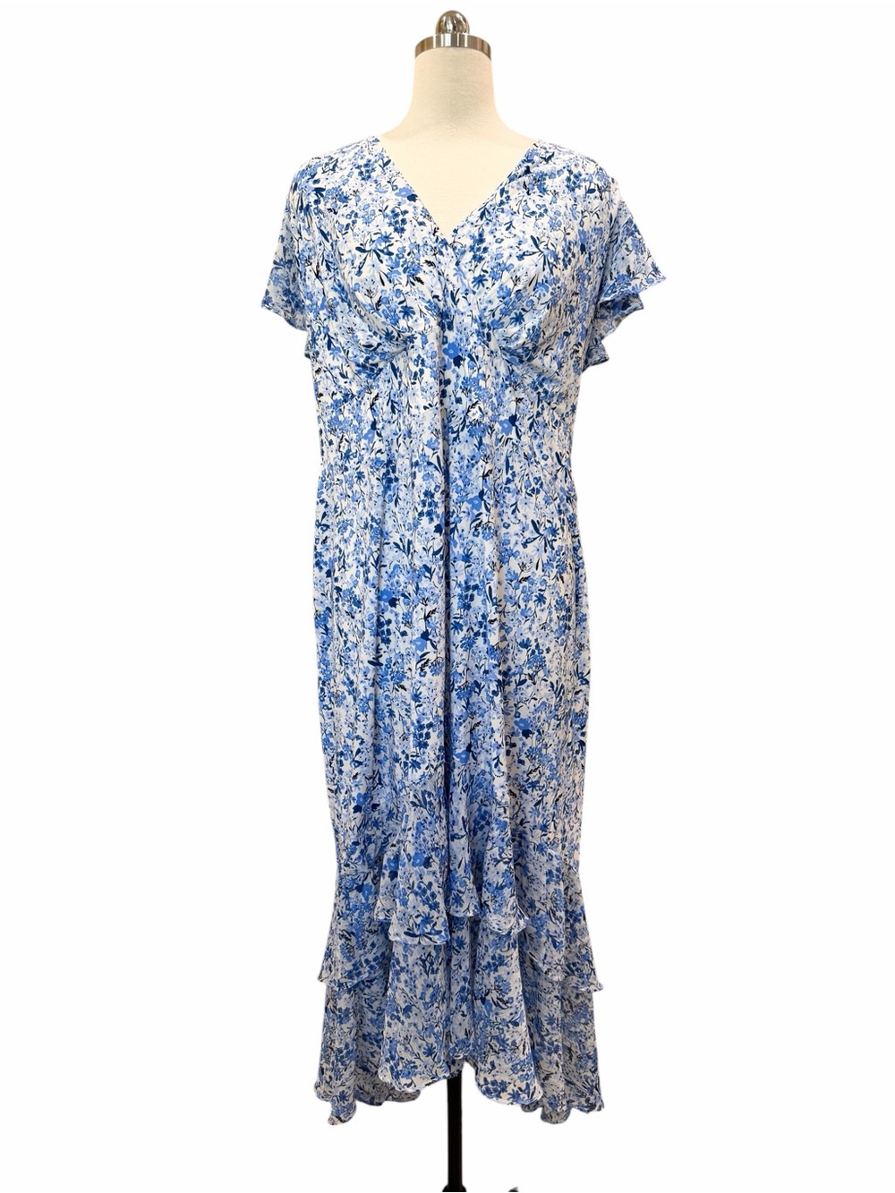 Tommy Hilfiger Floral Chiffon Hem Tiered Midi Dress Flutter Sleeve Blue 18W NWT - Picture 5 of 15